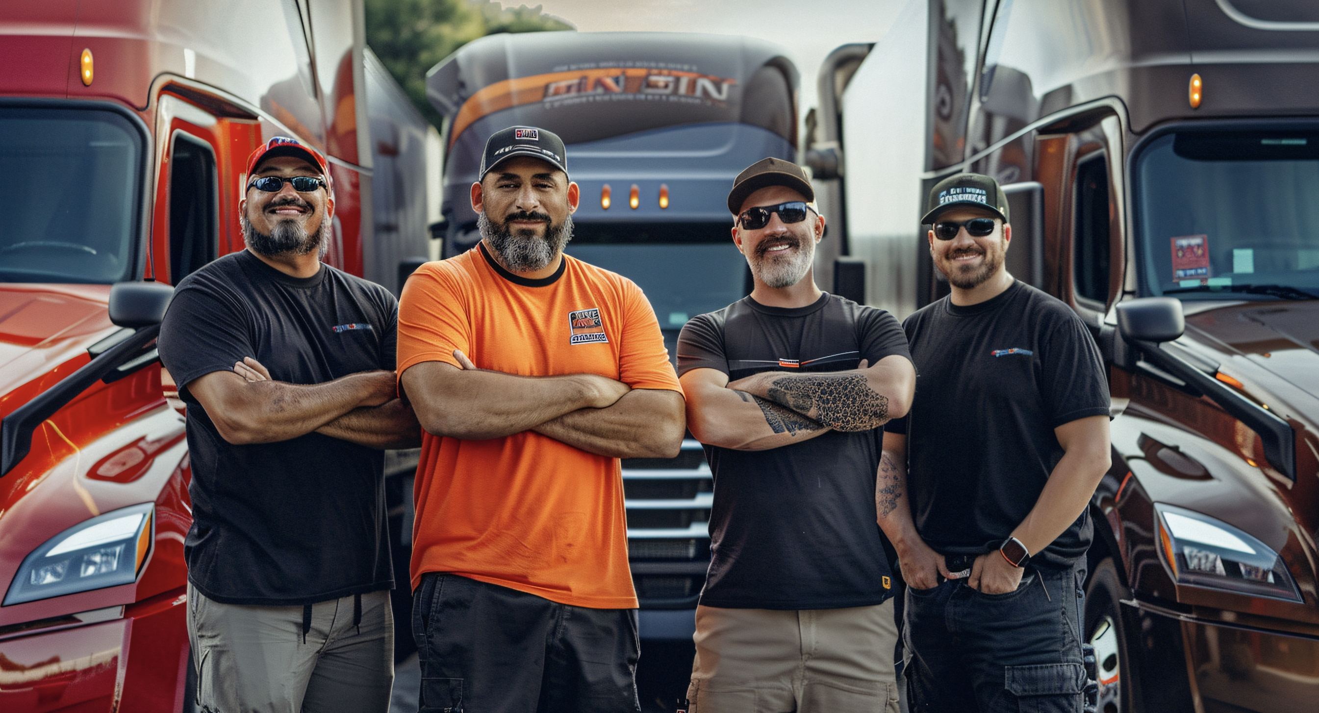 delivery truck drivers standing in front of their trucks